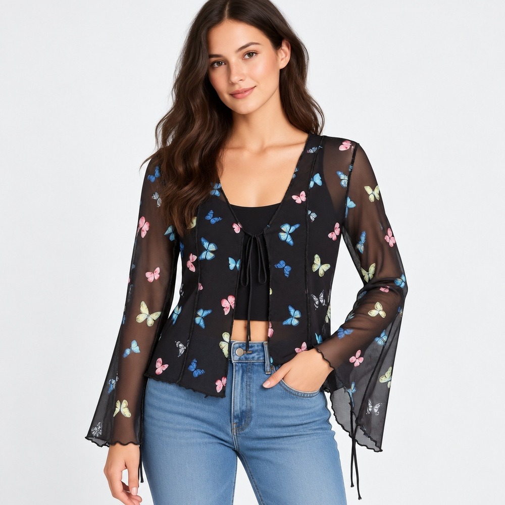 Elodie Butterfly Mesh Cardigan Women Large Black Tie Front Split Bell Sleeve Y2K